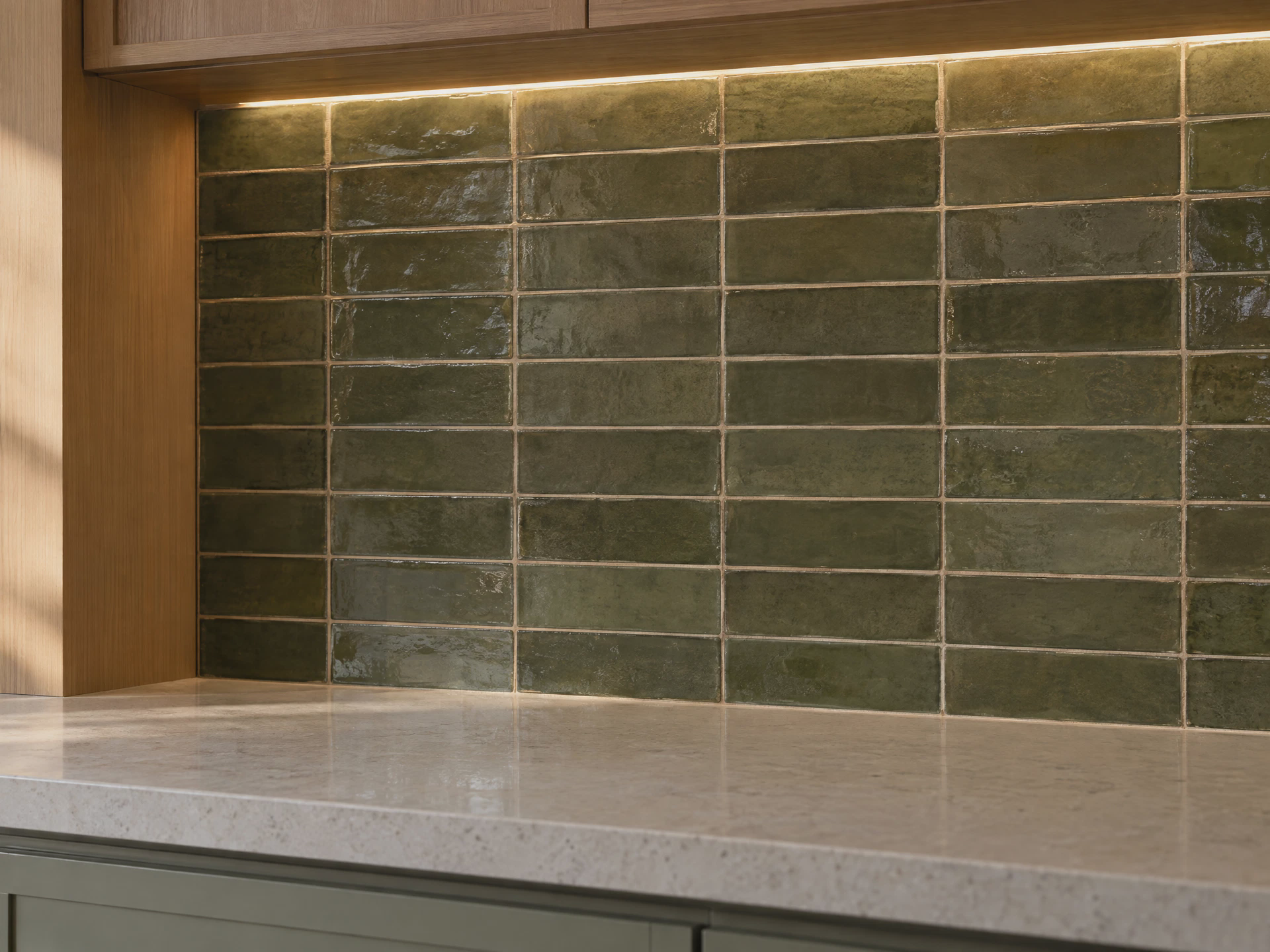 Deep olive kitchen backsplash tile with warm grout