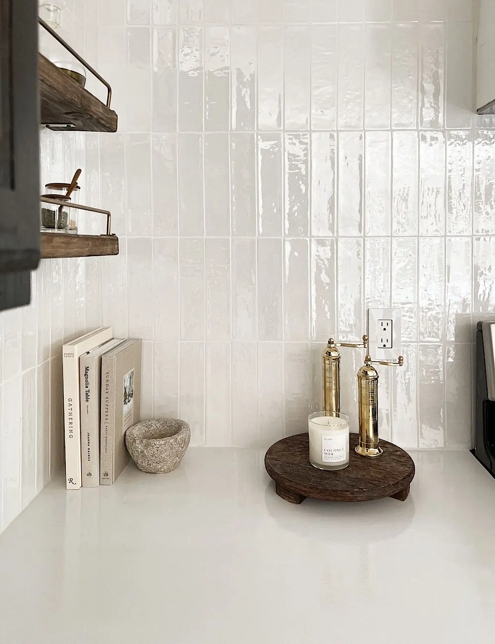 White zellige vertical tile kitchen backsplash in a Poncey-Highland kitchen